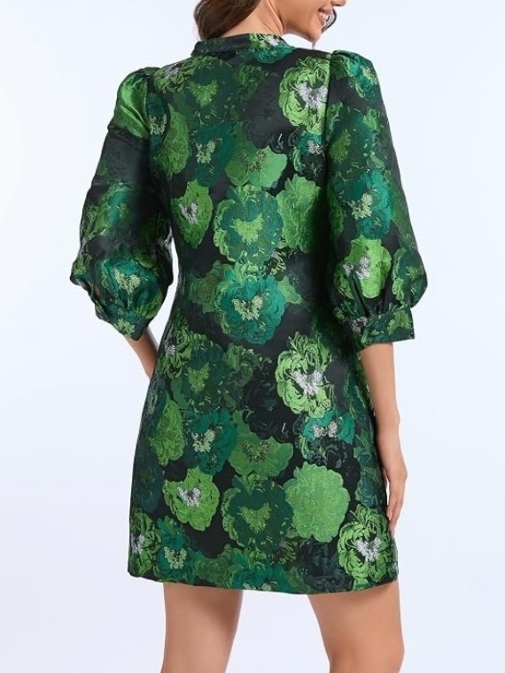Boutique Green Floral Jacquard Puff-Sleeve Midi Dress - Picture 2 of 13